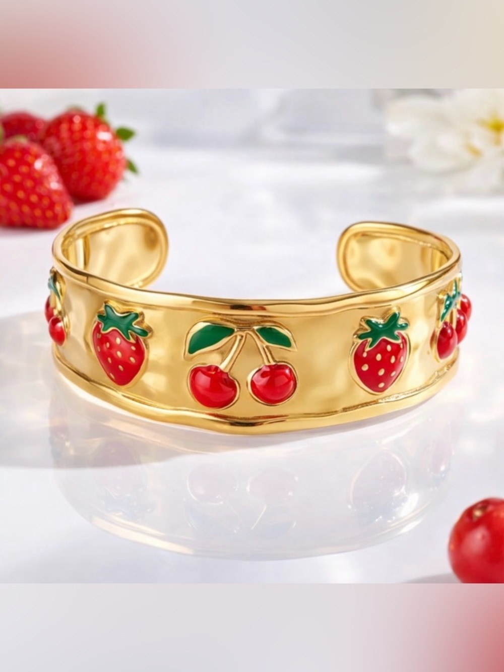 Fruit Gold Bracelet with Cherry and Strawberry Accents